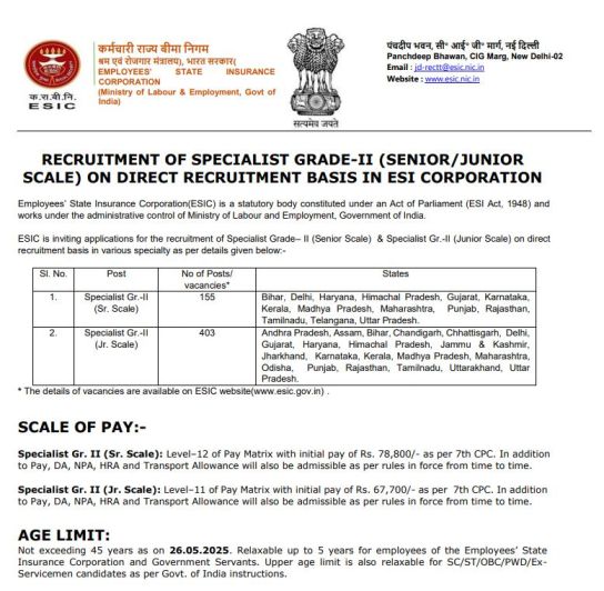Official Notification ESIC Specialist Grade II Recruitment 2025