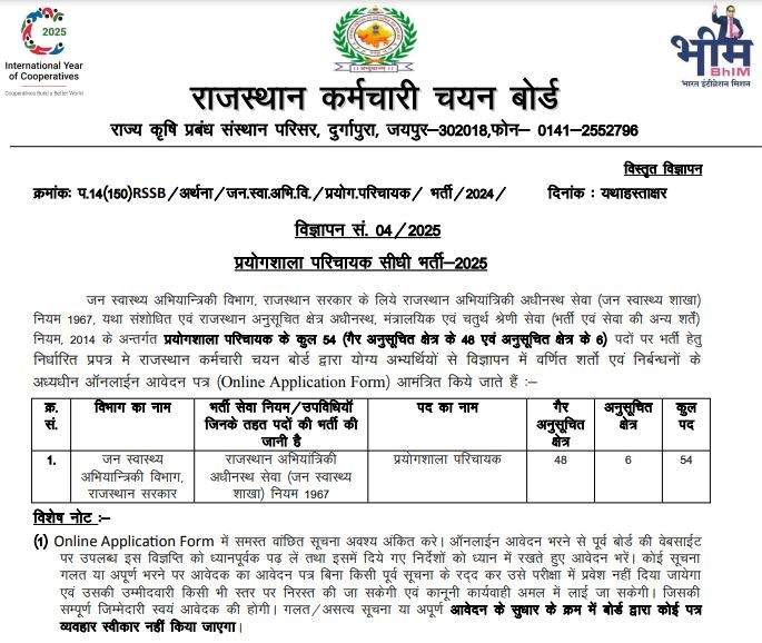 Rajasthan RSSB Lab Attendant Online Form 2025