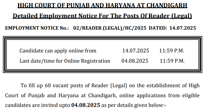 Official Notification Chandigarh HC Recruitment 2025