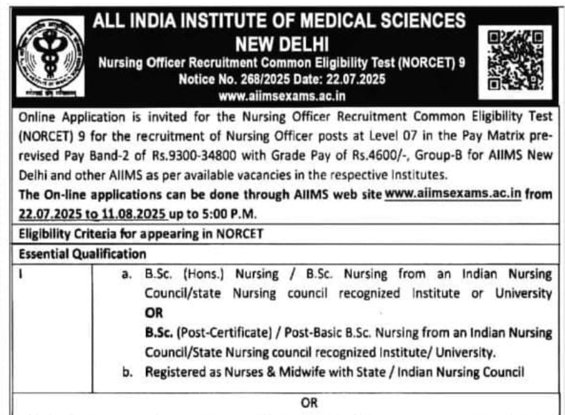 Notification AIIMS NORCET 9th Phase Recruitment 2025