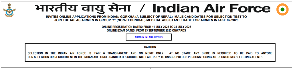 Official Notification Indian Air Force Bharti 2025 Airmen Medical Assistant IAF Recruitment