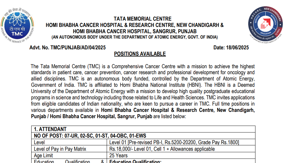 Homi Bhabha Cancer Hospital Bharti 2025