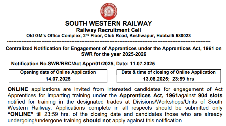 Railway SWR Apprentices Bharti 2025 Check Official Notification