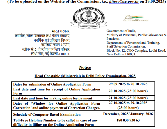offical notification Delhi Police Head Constable 2025