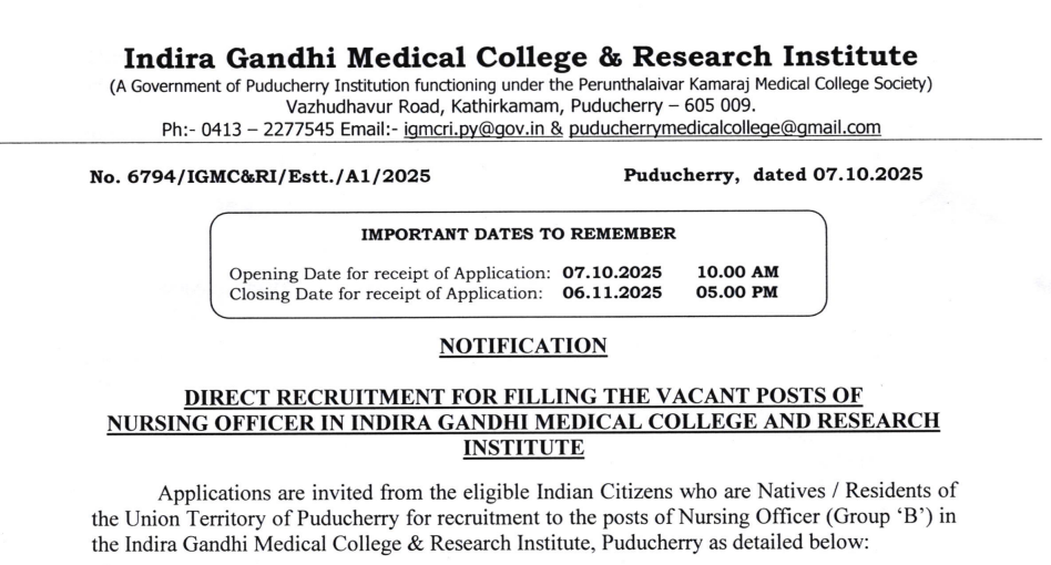 IGMCRI Nursing Officer Recruitment 2025