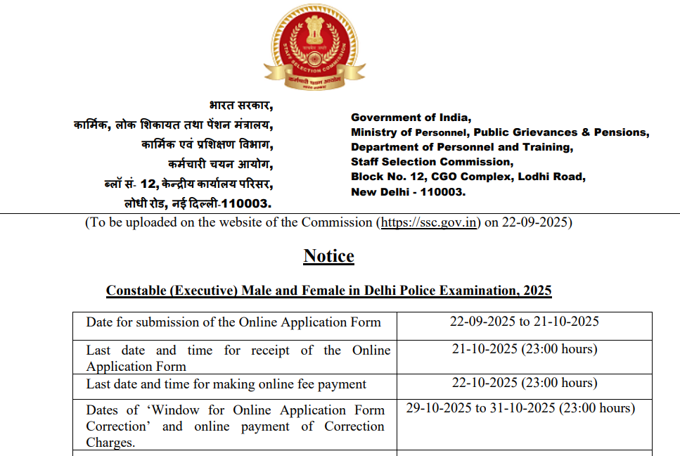 Official Notification SSC Delhi Police Constable Bharti 2025