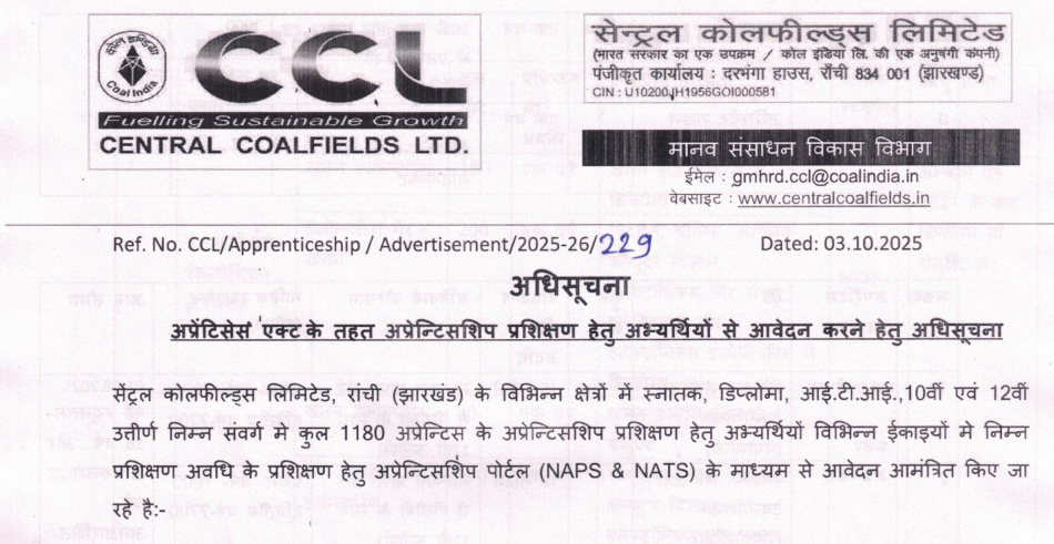 Official Notification CCL Apprentices Bharti 2025