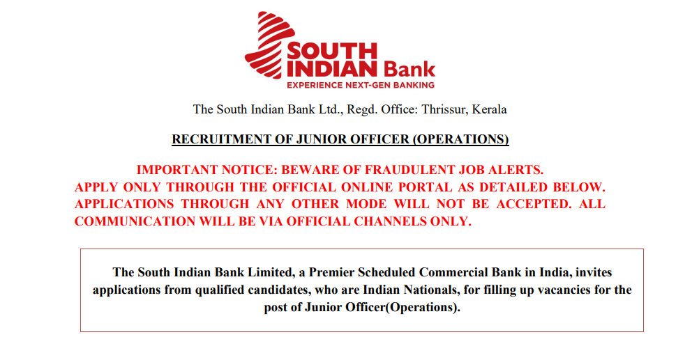 Official Notification South Indian Bank Junior Officer Bharti 2025
