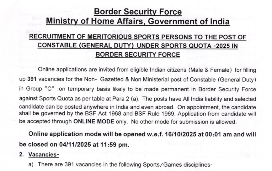 Official Notification BSF Constable GD Sports Recruitment 2025
