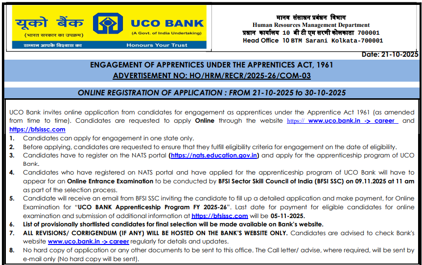 Official Notification UCO Bank Apprentice Bharti 2025