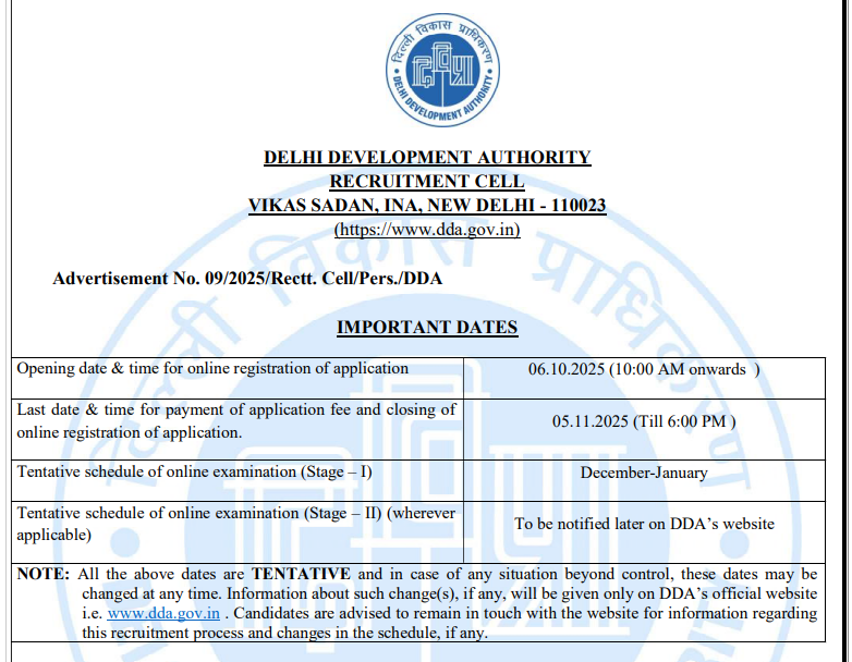 oFFICIAL nOTIFICATION DDA Bharti 2025