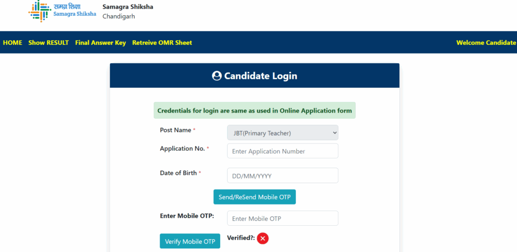 direct link Chandigarh SSA JBT Primary Teacher Result 2025