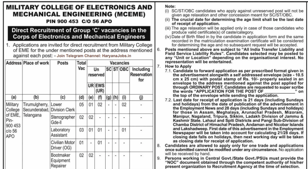 Official Notification Military College of EME Group C Recruitment 2025