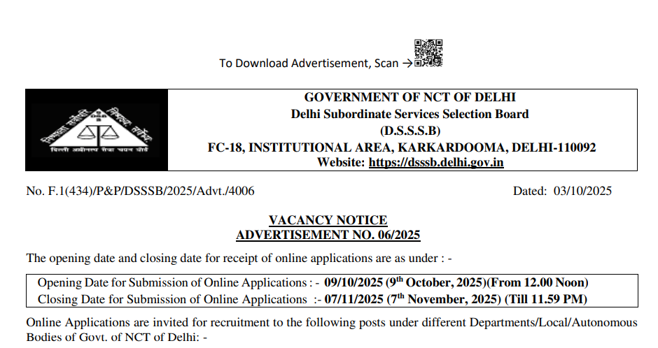 Official Notification DSSSB TGT Teacher Recruitment 2025
