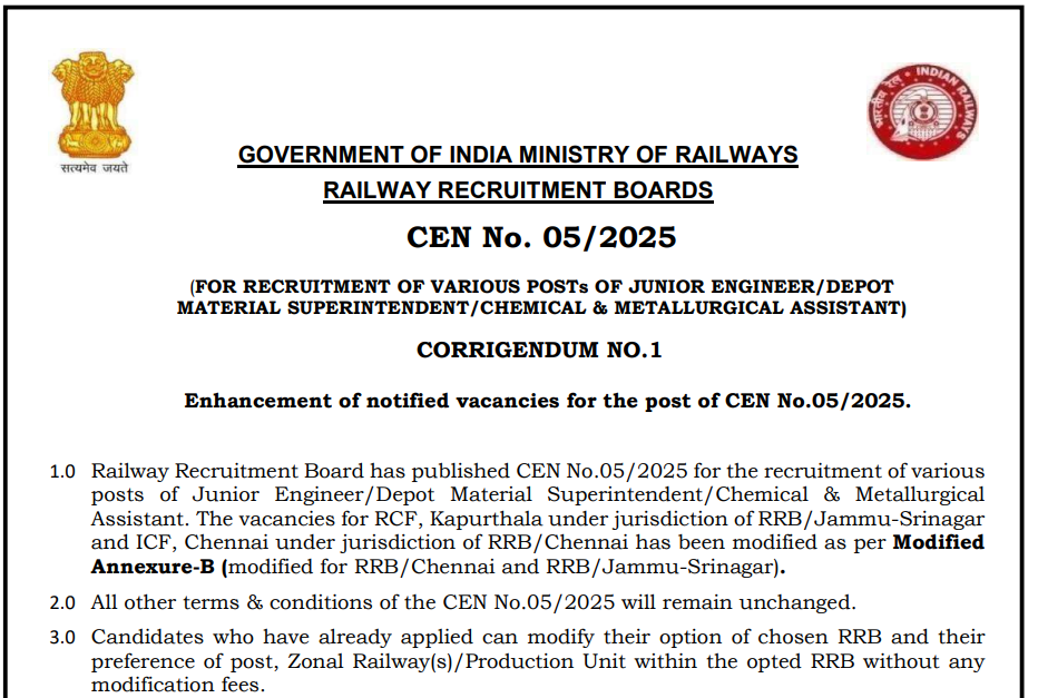 Official Notification RRB JE Bharti 2025